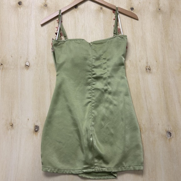 Princess Polly Dress Womens 4 Green Floral Embroidered Satin Slip Mini Party - Picture 7 of 9